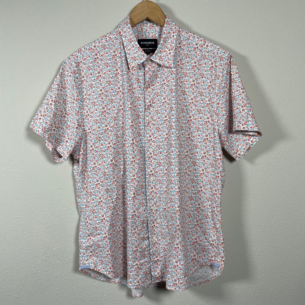 Bonobos Button Down Shirt Mens L White Floral Stretch Standard Fit SS Summer‎